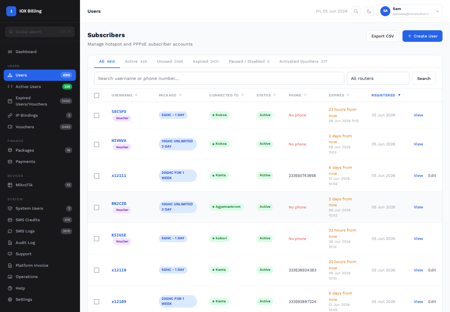 Subscriber management page in IOX Billing