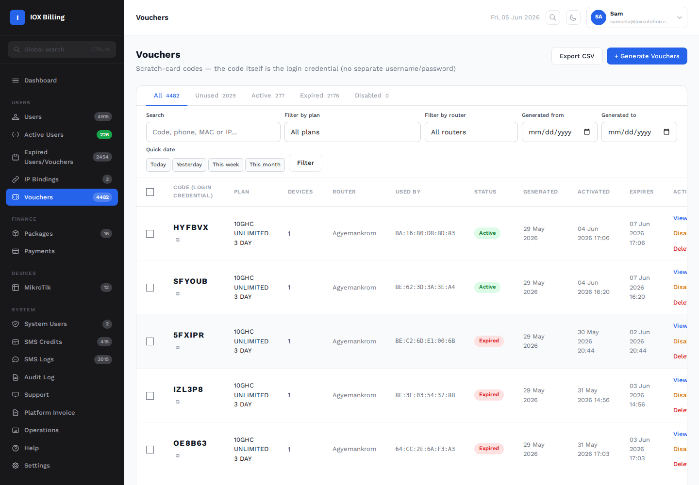 Voucher management page in IOX Billing